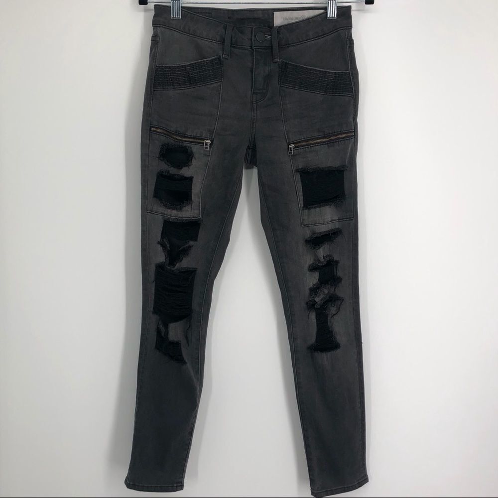 TREASURE & BOND Nordstrom‎ Black Moto Skinny Jeans Destroyed Patchwork Zips